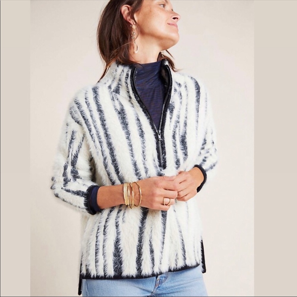 Anthropologie White & Black Furry Half Zip Sweater